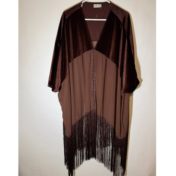 NEW FREE PEOPLE BROWN VELVET DREAMS FRINGE KIMONO COVER UP WRAP JACKET - Picture 4 of 5